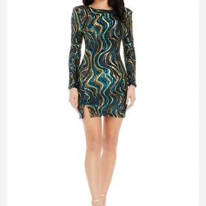 Dress the Population Natalia sequin, long sleeve cocktail, stretch minidress.